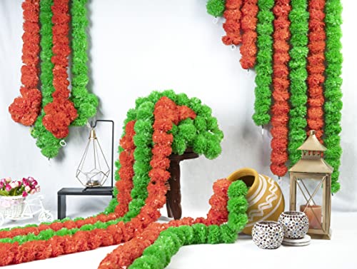 Artificial Marigold Garland Set - 10 Pcs, 4.5 Feet Long for Diwali Weddings Home Decor - Green & Orange Variation of Gold Orange + Green