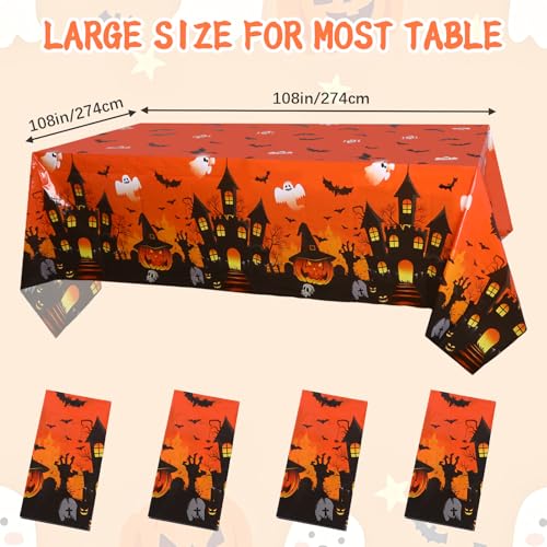Halloween Tablecloth Set - 4 Pack Rectangle Pumpkin Bat 54x108 Inches Orange Halloween Decor
