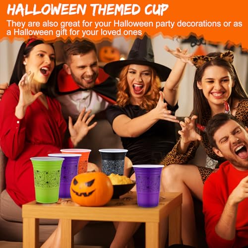 120 Pcs Halloween Plastic Cups 16 oz Disposable Drinkware with Spider Web Design
