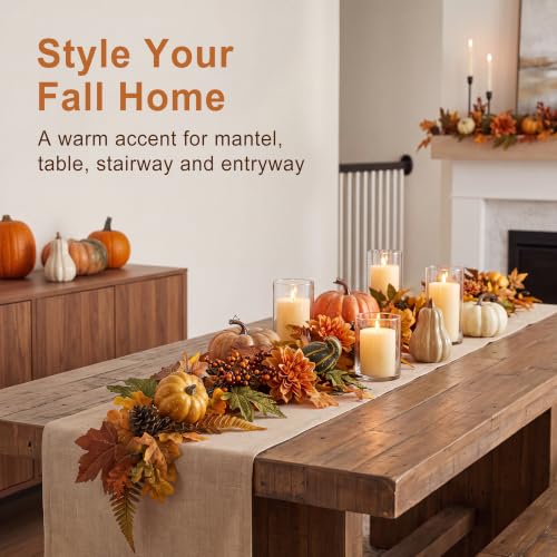 Fall Garland with Maple Leaves, Pumpkins & Pine Cones - Style 1 - 6 Ft Autumn Decor