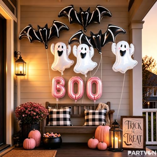 Pink Halloween Balloons Set with Ghost & Bat Decor - Cute Party Supplies with Boo Letters - Variation: Pink