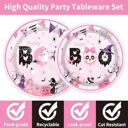 Happy Boo Day Halloween Party Disposable Tableware Set for 24 Guests - Pink Ghost & Pumpkin Design