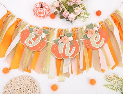First Birthday Pumpkin High Chair Banner for Fall & Halloween Party - Orange Ribbon Decor