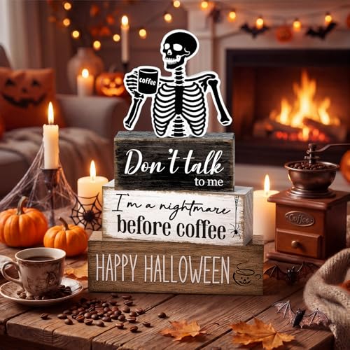 Halloween Skeleton Coffee Bar Decor Set - Wooden Skeleton Tabletop Decor with Nightmare Before Coffee Variant
