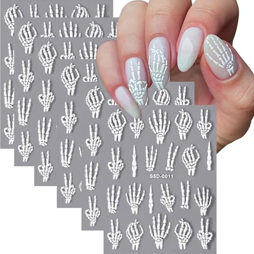 Halloween Skeleton Nail Stickers - 6 Sheets 5D Embossed Skull Decals for Manicure