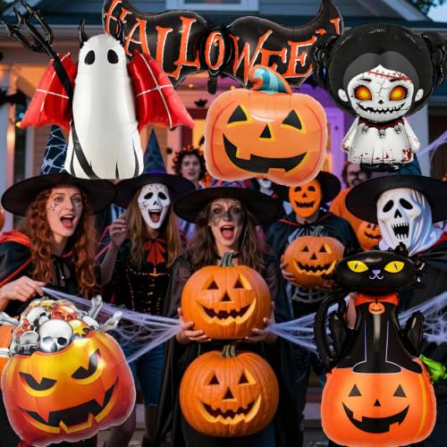 Halloween Foil Balloons Set with Ghost, Pumpkin, Skull & Cat Decorations