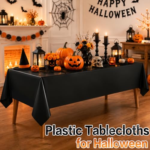 Black Disposable Tablecloths 12 Pack for 6ft Rectangular Tables - Halloween Party Supplies