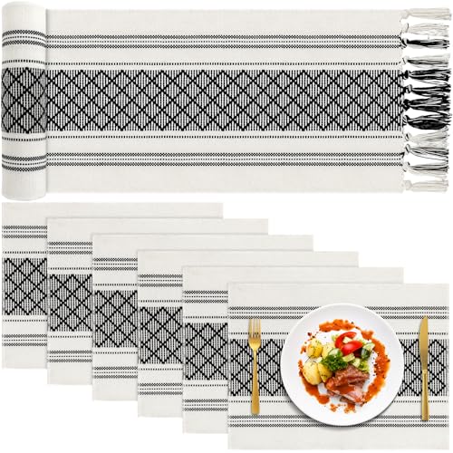 Boho Table Runner and Placemat Set - Black and White, 72 Inch, 6 Pieces