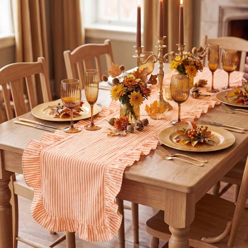 Ruffled Table Runner - Vertical Stripe Orange Cotton Farmhouse Decor