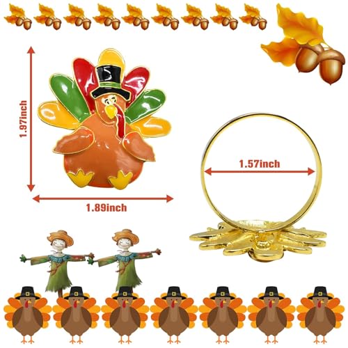 Turkey Napkin Rings Set of 12 for Thanksgiving Fall Table Decor - Harvest Turkey Variation