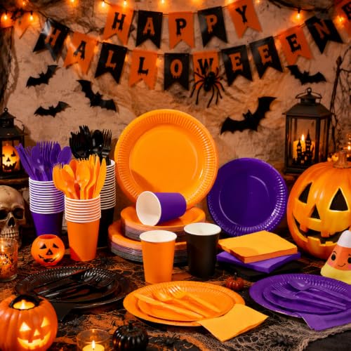 Halloween Paper Plate and Napkin Set for Party, 60 Guests, Black Orange Purple