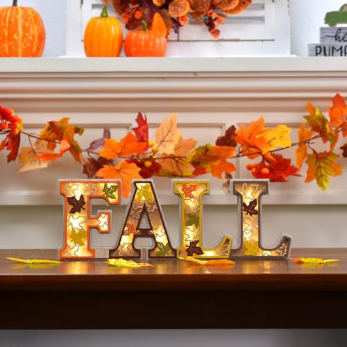 Lighted Fall Table Decor Sign - Rustic Wooden Thanksgiving Centerpiece with 3D LED Maple Leaves - Orange-Grey