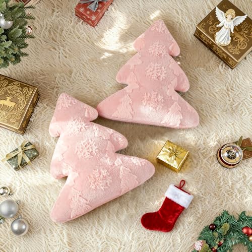 Christmas Tree Pillows Set of 2 - Snowflake & Tree Holiday Decor 16x18 Inch Pink
