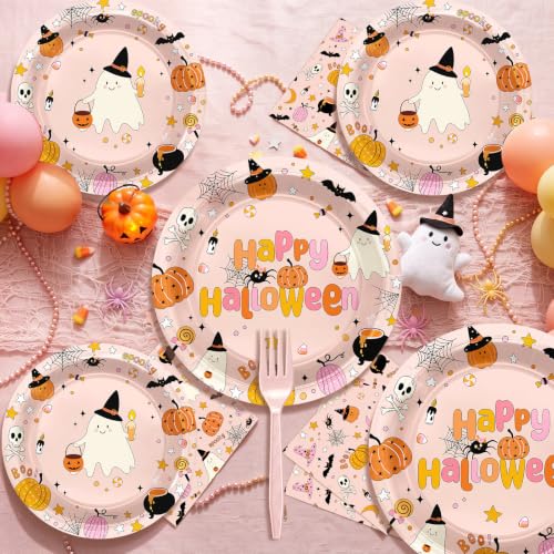 Pink Halloween Party Plates and Napkins Set - Boo Theme, 96 pcs