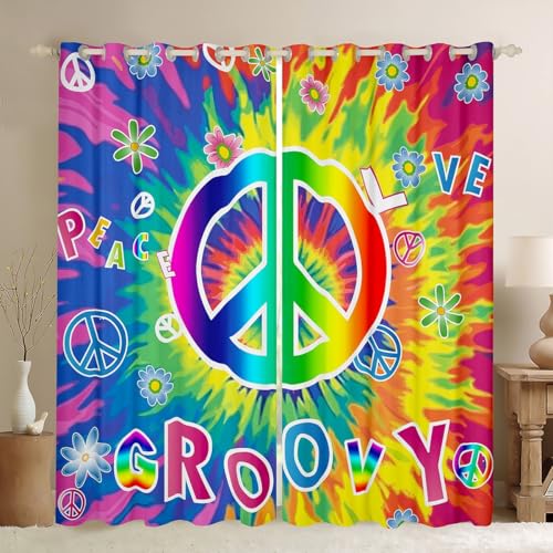Multi 28x52 Inch Velvet Blackout Curtains Set of 2 - Rainbow Peace Sign Tie Dye Design