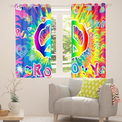 Multi 28x52 Inch Velvet Blackout Curtains Set of 2 - Rainbow Peace Sign Tie Dye Design