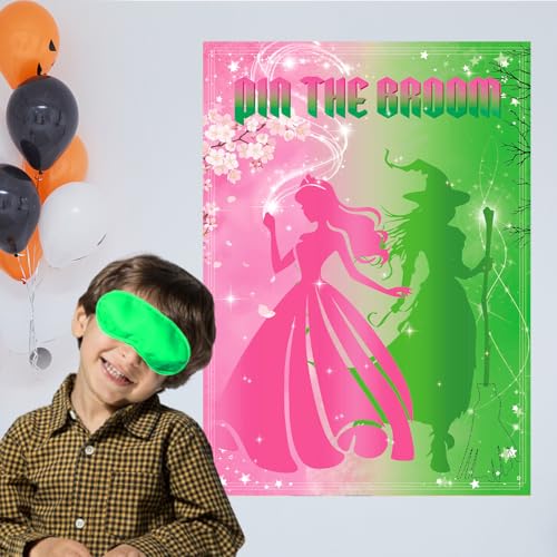 Pink Witch Party Poster Game with Reusable Broom Stickers - Kids Halloween Birthday Decorations