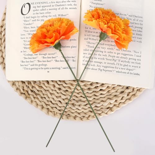 Artificial Silk Carnation Flower Heads with Stems - Orange Yellow, 24 Pack