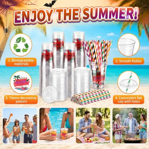 Happy Summer Halloween Disposable Plastic Cups Set - 100 Count with Lids & Striped Straws