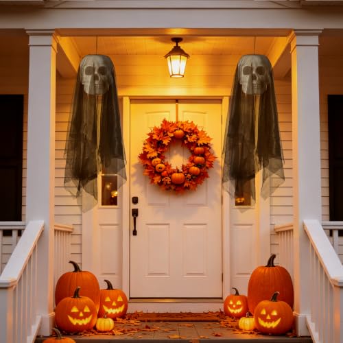 Halloween Hanging Skeleton Skull Decor Set - Black Ghost and Grim Reaper Props