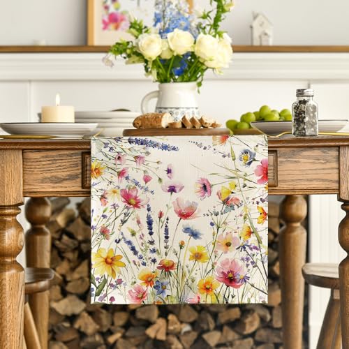 13x120 Inch Lavender Daisy Floral Table Runner for Dining & Party Decor - Off-White