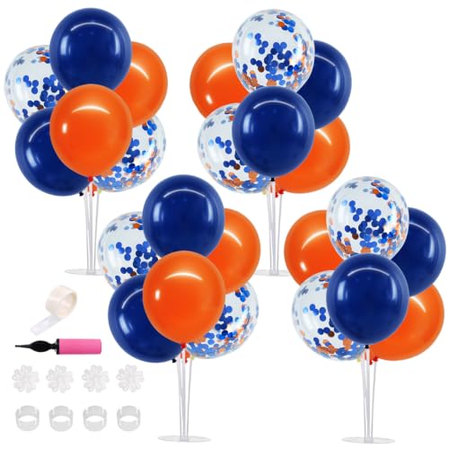 Navy Blue and Orange Balloon Stand Centerpiece Set for Table - 4 Pieces - Reusable Party Decorations
