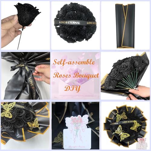 Black Glitter Roses Bouquet DIY Gift for Dad, Husband, Halloween & Gothic Decor