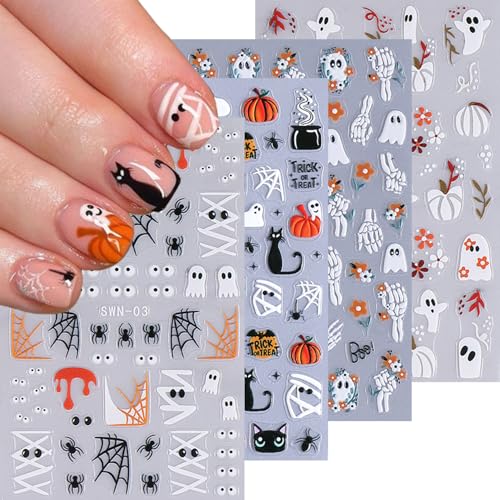 Halloween Nail Stickers 4 Sheets 5D Embossed Decals Spider Web Pumpkin Ghost Mummy Colorful-7