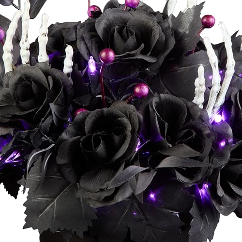 Halloween Centerpiece with Purple LED Lights, Black Roses & Skull Hands - 19 Inch