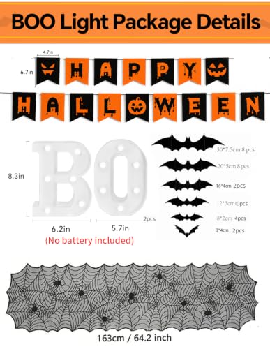 Halloween Decorations Set with Bats, Banner, Tablecloth and Light-Up BOO Sign
