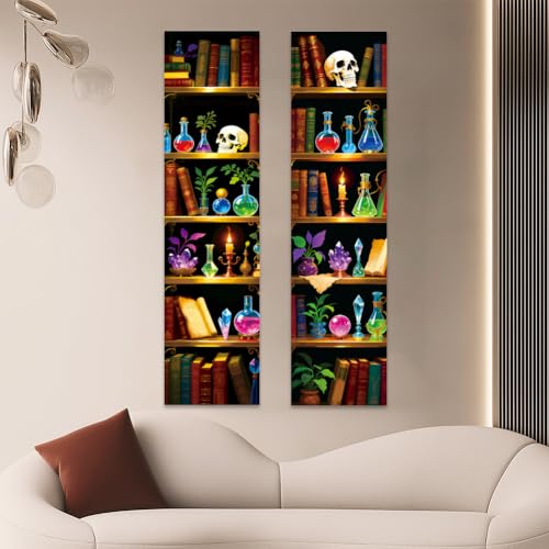 UV Reactive Black Light Tapestry - Magic Bookshelf Design, Trippy Wall Decor for Bedroom & Room Backdrop - 2 Pieces