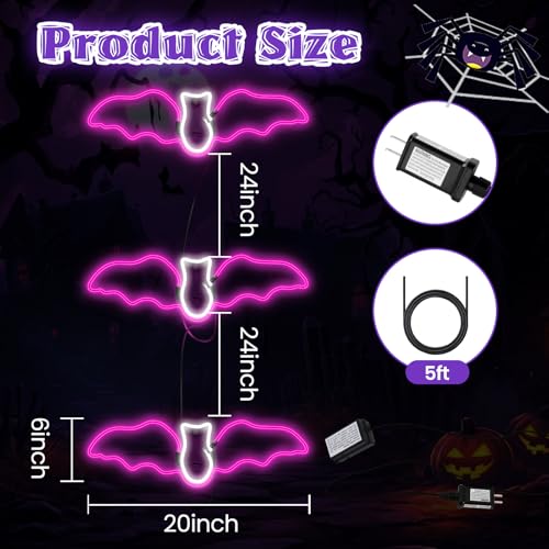 LED Neon Bat Lights Halloween Decor - 3 Pack Pink & White Hanging Bats, 20 Inches, Outdoor Waterproof