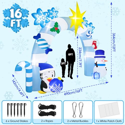 Christmas Blue Snowman Penguin Archway Inflatable - 16FT Winter Holiday Decor with LED Lights - Variation: Blue Snowman Penguin Archway