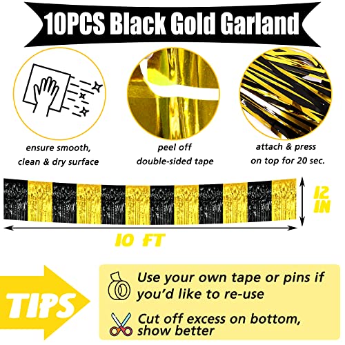 Black Gold Foil Fringe Garland 10 Pack - Metallic Tassel Banner for Parade & Party Decorations