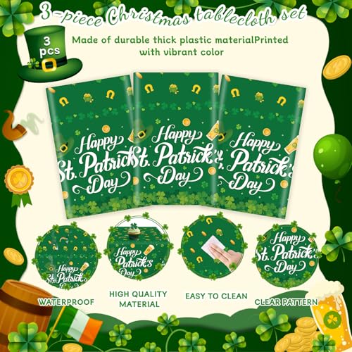 Green St Patrick's Day Tablecloths Set - 3 Pack 54 x 108 Inch Waterproof Disposable Table Covers