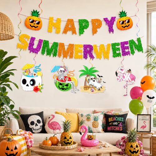 Colorful Summerween Party Decorations Set with Banner & Hanging Swirls