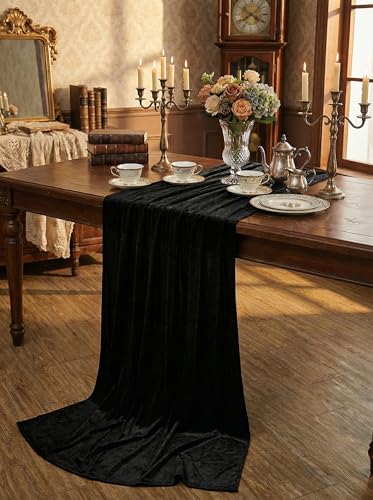 Black Velvet Table Runner 29x120 Inch Set - Luxurious Retro Halloween Decor - 3 Pieces