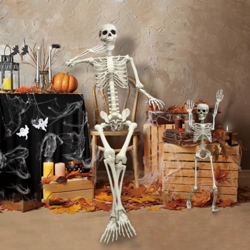 Life Size Halloween Skeleton with Movable Joints - 5.4ft & 3ft Spooky Decor Set