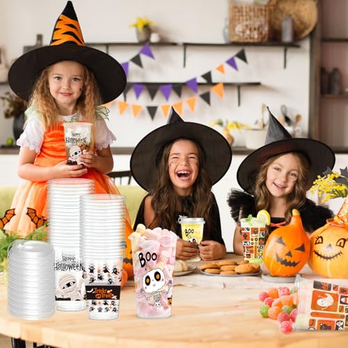 Halloween Plastic Cups 16oz with Lids - 48 Pack, Spooky Ghost, Pumpkin & Spider Designs