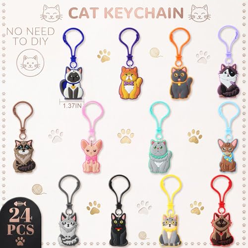 Cat Keychains Bulk 24 Pack - 12 Styles Kids Party Favors