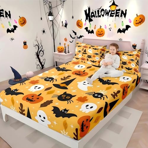 Halloween Queen Fitted Sheet Set Cartoon Pumpkin Lantern Ghost Bed Cover Variation of Multi 03