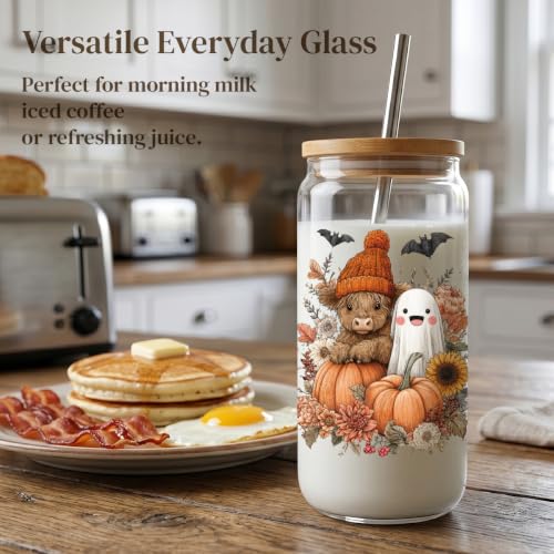 Halloween Highland Cow Glass Cup with Lid & Straw - Fall 16 Oz Iced Coffee Tumbler - Variation 14