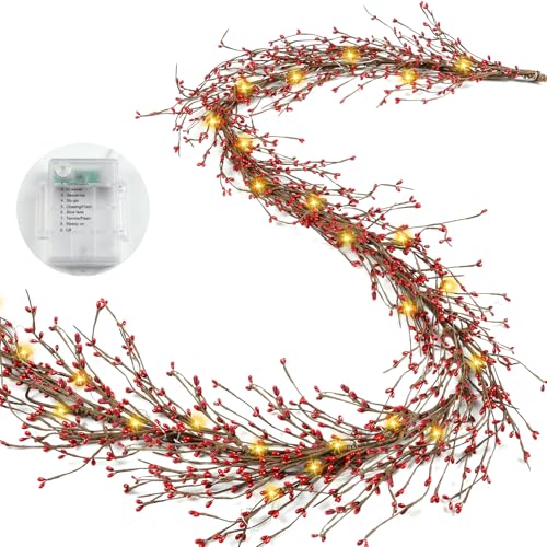 6FT Red Berry Garland with Lights - Style-2 Christmas Indoor Outdoor Decor