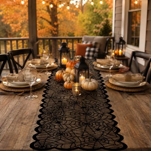 Halloween Lace Table Runner Black Spider Web Fall Decor 72x14 Inches