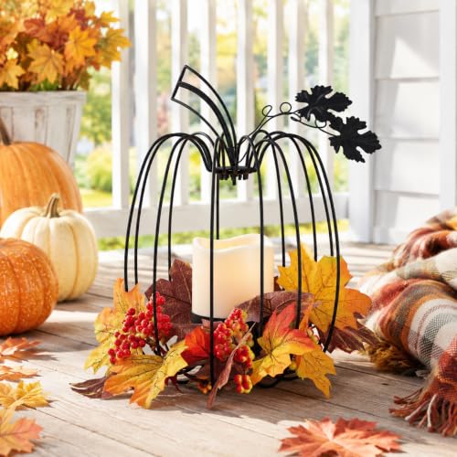 Black Pumpkin Lantern Candle Holder for Fall Decor, Indoor & Outdoor Wrought Iron