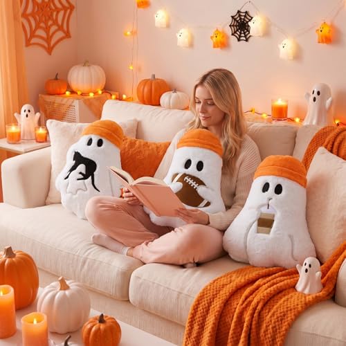 Halloween Ghost Throw Pillow Set - Orange Classic Style, 3 Pcs