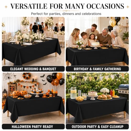 Black Plastic Tablecloths 54 x 108 Inch - 6 Pack, Disposable, Rectangular Cover - Black Variation