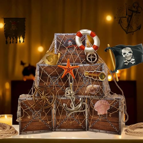 Wood Pirate Party Decorations Set - Imitation Wooden Treasure Chests, Fishing Net & Rope - Adult Halloween Party Supplies