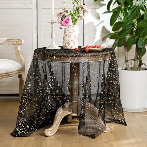 Horaldaily Black Gold Star Gauze Tablecloth 60x84 Inch Rectangular - Durable Polyester Home Decor