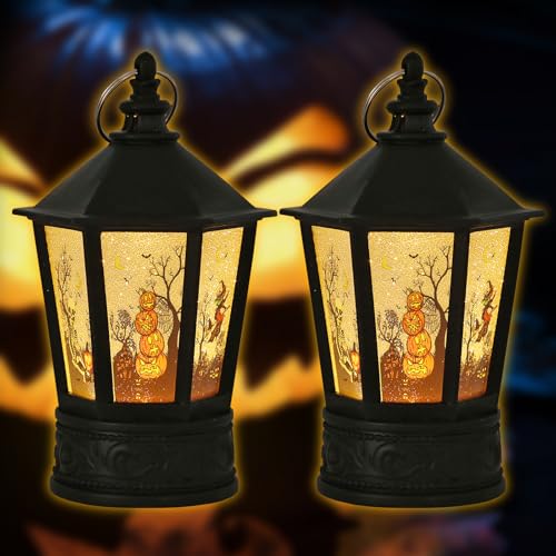 Battery Operated Halloween Lanterns Set - Pumpkin & Witch Flickering Lights for Indoor Party Decor